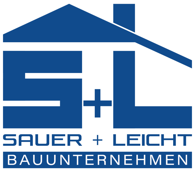 Logo des Bauunternehmens Sauer + Leicht mit Haus-Symbol und Buchstaben S und L.